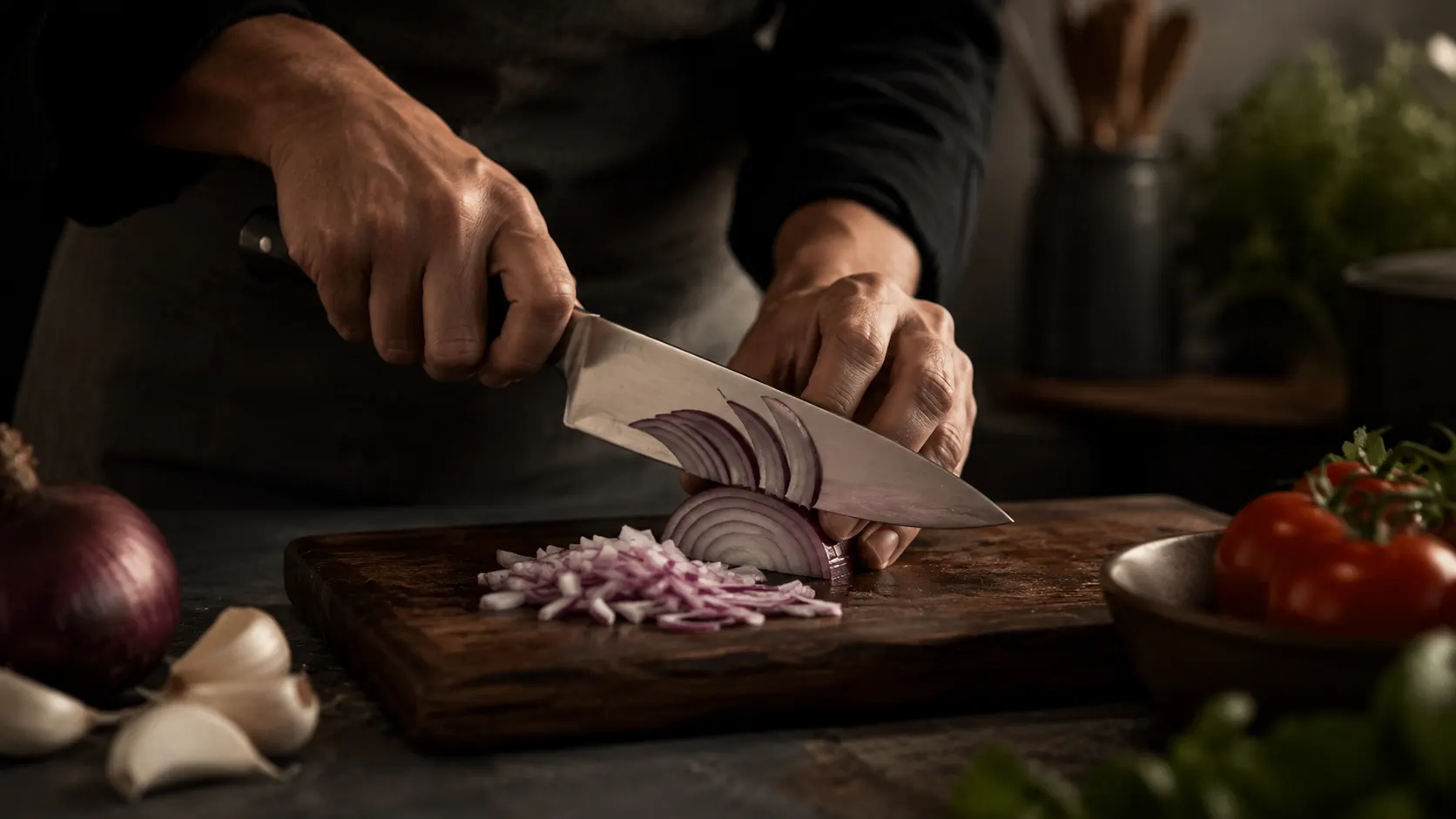 Cuchillo de cocina doméstico de acero inoxidable cortando cebolla sobre tabla de madera